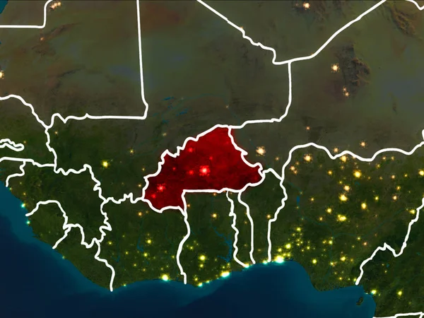 Burkina Faso Dünya yörüngesine kırmızıdan görünür ülke sınırları ile gece vurgulanmış. 3D çizim. Nasa tarafından döşenmiş bu görüntü unsurları.
