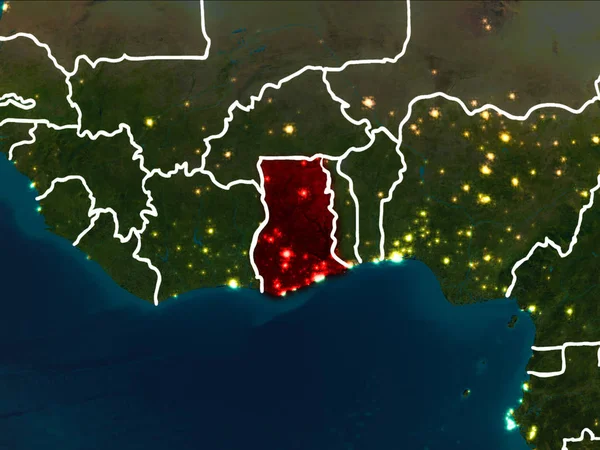 Gana Dünya yörüngesine kırmızıdan görünür ülke sınırları ile gece vurgulanmış. 3D çizim. Nasa tarafından döşenmiş bu görüntü unsurları.