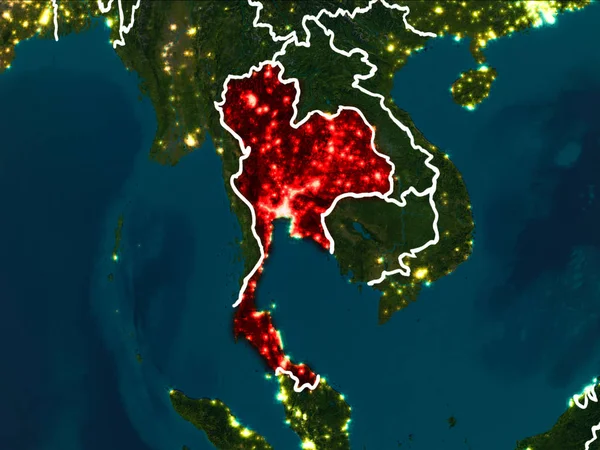 Tayland Dünya yörüngesine kırmızıdan görünür ülke sınırları ile gece vurgulanmış. 3D çizim. Nasa tarafından döşenmiş bu görüntü unsurları.