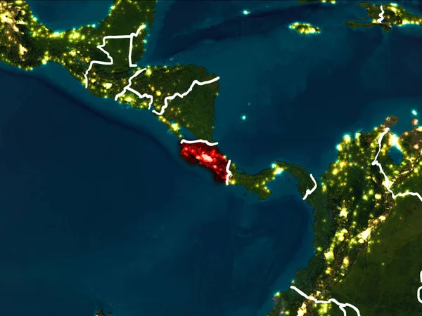 Kosta Rika Dünya yörüngesine kırmızıdan görünür ülke sınırları ile gece vurgulanmış. 3D çizim. Nasa tarafından döşenmiş bu görüntü unsurları.