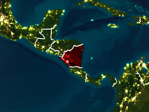 Nicaragua Rödmarkerade Från Omloppsbana Runt Jorden Natten Med Synliga Landsgränser — Stockfoto