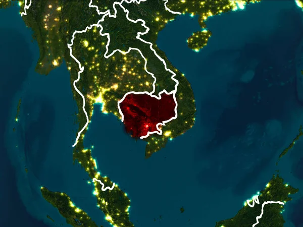 Kamboçya Dünya yörüngesine kırmızıdan görünür ülke sınırları ile gece vurgulanmış. 3D çizim. Nasa tarafından döşenmiş bu görüntü unsurları.