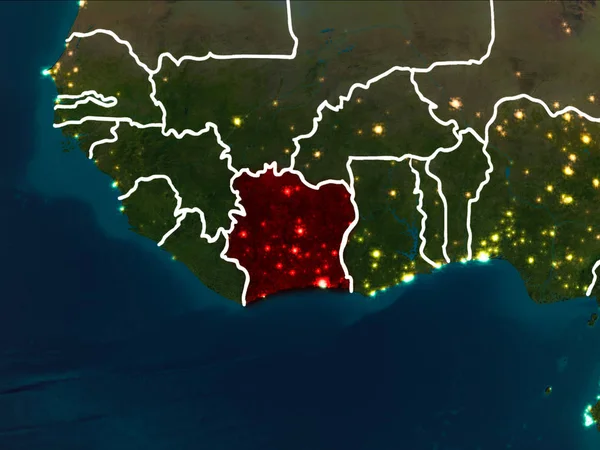 Ivory Coast highlighted in red from Earth orbit at night with visible country borders. 3D illustration. Elements of this image furnished by NASA.