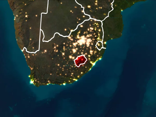 Lesotho Dünya yörüngesine kırmızıdan görünür ülke sınırları ile gece vurgulanmış. 3D çizim. Nasa tarafından döşenmiş bu görüntü unsurları.