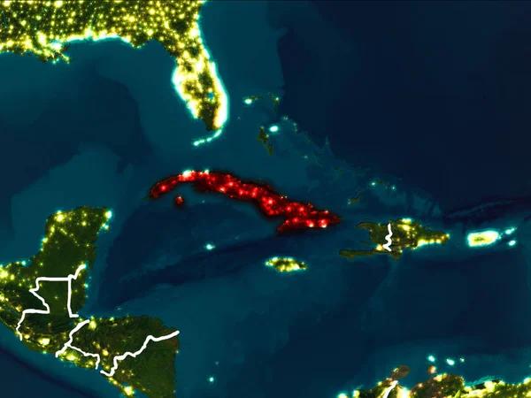 Cuba highlighted in red from Earth orbit at night with visible country borders. 3D illustration. Elements of this image furnished by NASA.
