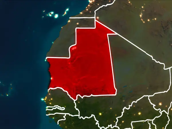 Mauritania Evidenziato Rosso Dall Orbita Terrestre Notte Con Confini Nazionali — Foto Stock