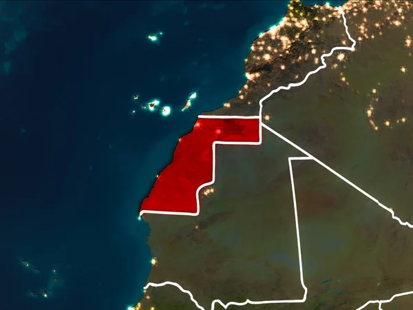 Western Sahara highlighted in red from Earth orbit at night with visible country borders. 3D illustration. Elements of this image furnished by NASA.