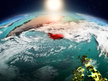 Sunrise modeli görünür ülke sınırları ile uzayda Dünya gezegeninin bir Kırmızı vurgulanır İzlanda yukarıda. 3D çizim. Nasa tarafından döşenmiş bu görüntü unsurları.