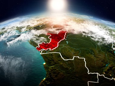 Sunrise Kongo kırmızı modeli görünür ülke sınırları ile uzayda Dünya gezegeninin vurgulanmış yukarıda. 3D çizim. Nasa tarafından döşenmiş bu görüntü unsurları.