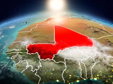 Sunrise modeli görünür ülke sınırları ile uzayda Dünya gezegeninin bir Kırmızı vurgulanır Mali yukarıda. 3D çizim. Nasa tarafından döşenmiş bu görüntü unsurları.