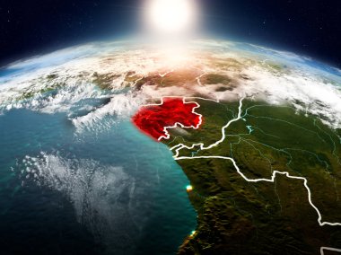 Sunrise modeli görünür ülke sınırları ile uzayda Dünya gezegeninin bir Kırmızı vurgulanır Gabon yukarıda. 3D çizim. Nasa tarafından döşenmiş bu görüntü unsurları.