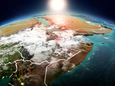 Sunrise modeli görünür ülke sınırları ile uzayda Dünya gezegeninin bir Kırmızı vurgulanır Cibuti yukarıda. 3D çizim. Nasa tarafından döşenmiş bu görüntü unsurları.