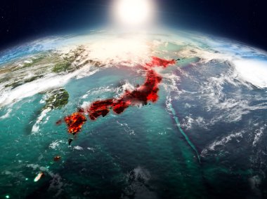Sunrise yukarıda Japonya modeli görünür ülke sınırları ile uzayda Dünya gezegeninin bir kırmızı vurgulanır. 3D çizim. Nasa tarafından döşenmiş bu görüntü unsurları.