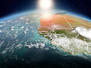 Sunrise modeli görünür ülke sınırları ile uzayda Dünya gezegeninin bir kırmızı vurgulanır Gambiya yukarıda. 3D çizim. Nasa tarafından döşenmiş bu görüntü unsurları.