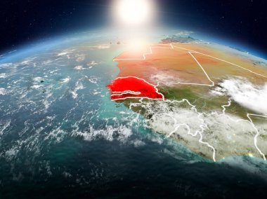 Sunrise modeli görünür ülke sınırları ile uzayda Dünya gezegeninin bir kırmızı vurgulanır Senegal yukarıda. 3D çizim. Nasa tarafından döşenmiş bu görüntü unsurları.