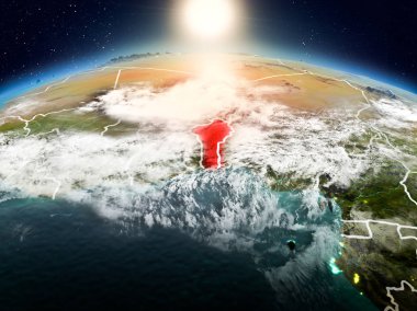 Sunrise modeli görünür ülke sınırları ile uzayda Dünya gezegeninin bir Kırmızı vurgulanır Benin yukarıda. 3D çizim. Nasa tarafından döşenmiş bu görüntü unsurları.