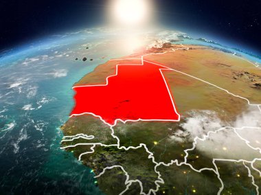 Sunrise modeli görünür ülke sınırları ile uzayda Dünya gezegeninin bir kırmızı vurgulanır Moritanya yukarıda. 3D çizim. Nasa tarafından döşenmiş bu görüntü unsurları.