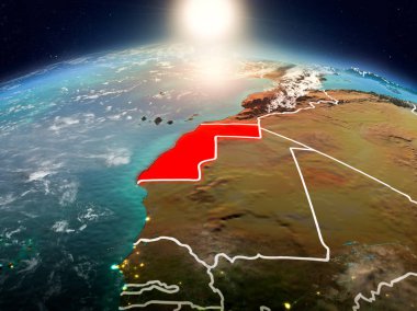 Sunrise yukarıda Batı Sahra modeli görünür ülke sınırları ile uzayda Dünya gezegeninin bir kırmızı vurgulanır. 3D çizim. Nasa tarafından döşenmiş bu görüntü unsurları.