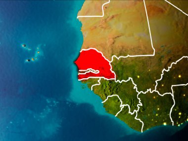 Senegal sabahları Planet Earth görünür kenarlık çizgileri ve şehir ışıkları kırmızı vurgulanır. 3D çizim. Nasa tarafından döşenmiş bu görüntü unsurları.