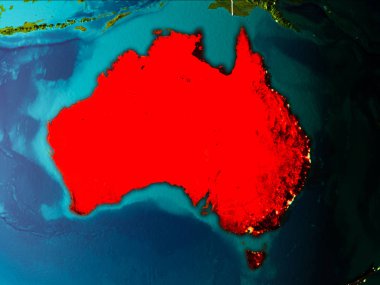 Avustralya sabahları Planet Earth görünür kenarlık çizgileri ve şehir ışıkları kırmızı vurgulanır. 3D çizim. Nasa tarafından döşenmiş bu görüntü unsurları.