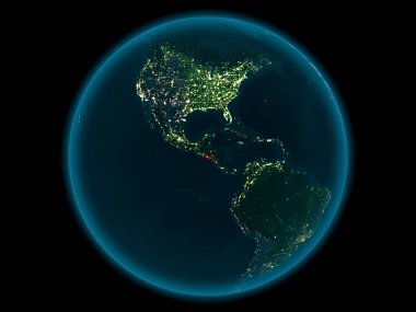 Gece yukarıda El Salvador modeli gezegeninin uzaydaki bir Kırmızı vurgulanır. 3D çizim. Nasa tarafından döşenmiş bu görüntü unsurları.