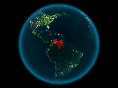 Gece yukarıda Venezuela modeli gezegeninin uzaydaki bir Kırmızı vurgulanır. 3D çizim. Nasa tarafından döşenmiş bu görüntü unsurları.