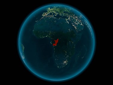 Gece yukarıda Kongo kırmızı model uzayda Dünya gezegeninin üzerinde vurgulanır. 3D çizim. Nasa tarafından döşenmiş bu görüntü unsurları.