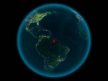 Gece yukarıda Surinam modeli gezegeninin uzaydaki bir Kırmızı vurgulanır. 3D çizim. Nasa tarafından döşenmiş bu görüntü unsurları.