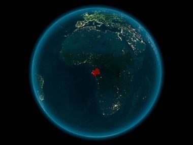 Gece yukarıda Gabon modeli gezegeninin uzaydaki bir kırmızı vurgulanır. 3D çizim. Nasa tarafından döşenmiş bu görüntü unsurları.