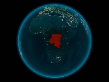Gece modeli gezegeninin uzaydaki bir kırmızı vurgulanır Kongo Demokratik Cumhuriyeti yukarıda. 3D çizim. Nasa tarafından döşenmiş bu görüntü unsurları.