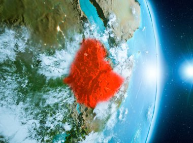 Etiyopya ile son derece detaylı yüzey dokuları ile gündoğumu sırasında bulutlar Dünya gezegeninin yörüngeden. 3D çizim. Nasa tarafından döşenmiş bu görüntü unsurları.