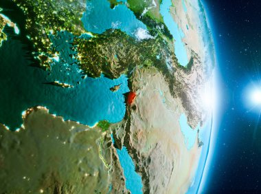 Lübnan ile son derece detaylı yüzey dokuları ile gündoğumu sırasında bulutlar Dünya gezegeninin yörüngeden. 3D çizim. Nasa tarafından döşenmiş bu görüntü unsurları.