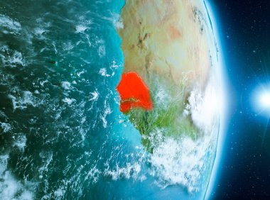 Senegal ile son derece detaylı yüzey dokuları ile gündoğumu sırasında bulutlar Dünya gezegeninin yörüngeden. 3D çizim. Nasa tarafından döşenmiş bu görüntü unsurları.