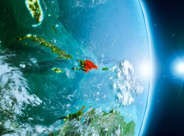 Dominik Cumhuriyeti ile son derece detaylı yüzey dokuları ile gündoğumu sırasında bulutlar Dünya gezegeninin yörüngeden. 3D çizim. Nasa tarafından döşenmiş bu görüntü unsurları.