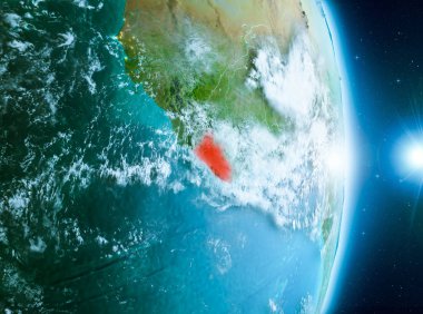 Liberya bulutlar çok detaylı yüzey dokuları ile gündoğumu sırasında ile Dünya gezegeninin yörüngeden. 3D çizim. Nasa tarafından döşenmiş bu görüntü unsurları.