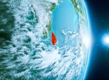Sri Lanka ile son derece detaylı yüzey dokuları ile gündoğumu sırasında bulutlar Dünya gezegeninin yörüngeden. 3D çizim. Nasa tarafından döşenmiş bu görüntü unsurları.
