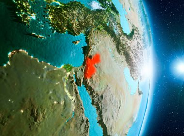 Ürdün'den son derece detaylı yüzey dokuları ile gündoğumu sırasında bulutlar ile Dünya gezegeninin yörüngesine. 3D çizim. Nasa tarafından döşenmiş bu görüntü unsurları.