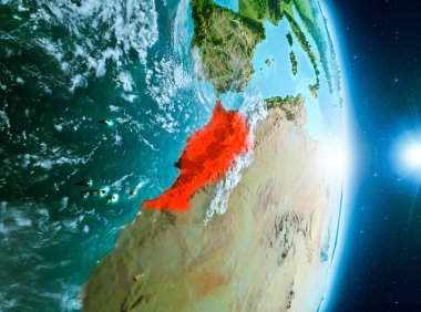 Fas ile son derece detaylı yüzey dokuları ile gündoğumu sırasında bulutlar Dünya gezegeninin yörüngeden. 3D çizim. Nasa tarafından döşenmiş bu görüntü unsurları.