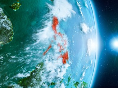 Türkiye son derece detaylı yüzey dokuları ile gündoğumu sırasında bulutlar ile Dünya gezegeninin yörüngeden. 3D çizim. Nasa tarafından döşenmiş bu görüntü unsurları.