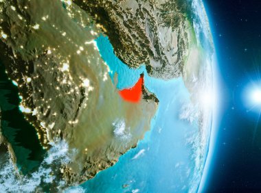 Birleşik Arap Emirlikleri ile son derece detaylı yüzey dokuları ile gündoğumu sırasında bulutlar Dünya gezegeninin yörüngeden. 3D çizim. Nasa tarafından döşenmiş bu görüntü unsurları.