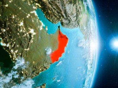 Umman ile son derece detaylı yüzey dokuları ile gündoğumu sırasında bulutlar Dünya gezegeninin yörüngeden. 3D çizim. Nasa tarafından döşenmiş bu görüntü unsurları.