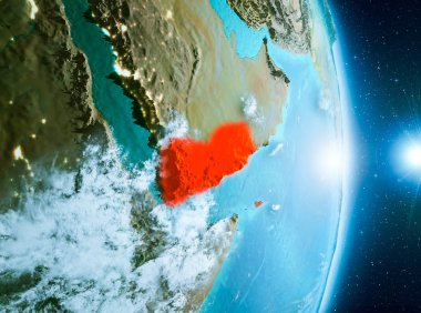 Yemen ile son derece detaylı yüzey dokuları ile gündoğumu sırasında bulutlar Dünya gezegeninin yörüngeden. 3D çizim. Nasa tarafından döşenmiş bu görüntü unsurları.
