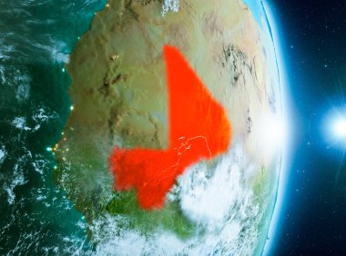Mali ile son derece detaylı yüzey dokuları ile gündoğumu sırasında bulutlar Dünya gezegeninin yörüngeden. 3D çizim. Nasa tarafından döşenmiş bu görüntü unsurları.