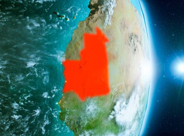 Moritanya ile son derece detaylı yüzey dokuları ile gündoğumu sırasında bulutlar Dünya gezegeninin yörüngeden. 3D çizim. Nasa tarafından döşenmiş bu görüntü unsurları.