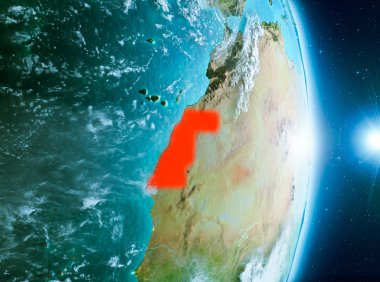 Batı Sahra bulutlar çok detaylı yüzey dokuları ile gündoğumu sırasında ile Dünya gezegeninin yörüngeden. 3D çizim. Nasa tarafından döşenmiş bu görüntü unsurları.