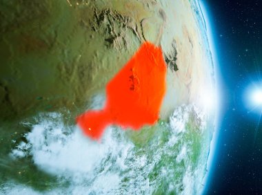 Nijer ile son derece detaylı yüzey dokuları ile gündoğumu sırasında bulutlar Dünya gezegeninin yörüngeden. 3D çizim. Nasa tarafından döşenmiş bu görüntü unsurları.