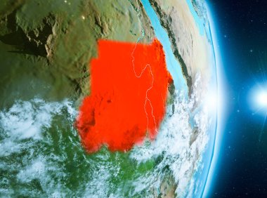 Son derece detaylı yüzey dokuları ile gündoğumu sırasında bulutlar ile Dünya gezegeninin yörüngesine Sudan'dan. 3D çizim. Nasa tarafından döşenmiş bu görüntü unsurları.