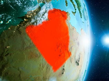 Cezayir gündoğumu son derece detaylı yüzey dokuları ile sırasında bulutlar ile Dünya gezegeninin yörüngeden. 3D çizim. Nasa tarafından döşenmiş bu görüntü unsurları.