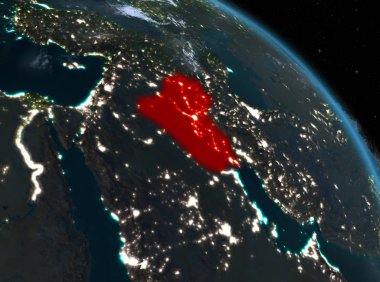Gece yukarıda Irak modeli gezegeninin uzaydaki bir Kırmızı vurgulanır. 3D çizim. Nasa tarafından döşenmiş bu görüntü unsurları.