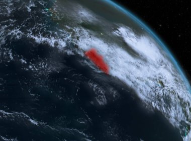 Gece yukarıda Liberya modeli gezegeninin uzaydaki bir kırmızı vurgulanır. 3D çizim. Nasa tarafından döşenmiş bu görüntü unsurları.